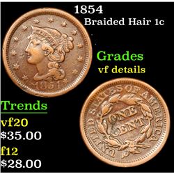 1854 Braided Hair Large Cent 1c Grades vf details