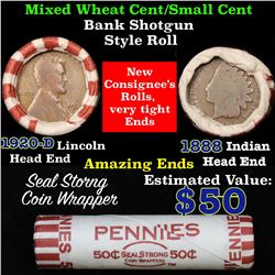 Mixed small cents 1c orig shotgun roll, 19120-d Wheat Cent, 1888 Indian Cent other end