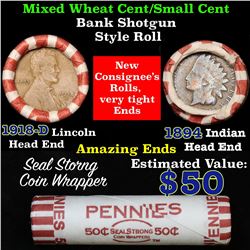 Mixed small cents 1c orig shotgun roll, 1918-d Wheat Cent, 1899 Indian Cent other end