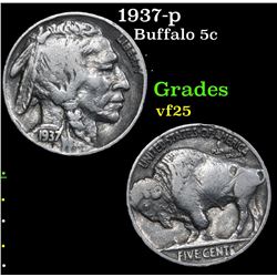 1937-p Buffalo Nickel 5c Grades vf+