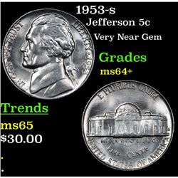 1953-s Jefferson Nickel 5c Grades Choice+ Unc