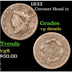 1833 Coronet Head Large Cent 1c Grades vg details