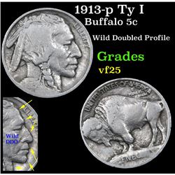 1913-p Ty I Buffalo Nickel 5c Grades vf+