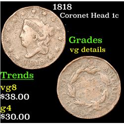 1818 Coronet Head Large Cent 1c Grades vg details