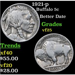 1921-p Buffalo Nickel 5c Grades vf+