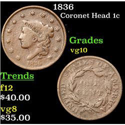 1836 Coronet Head Large Cent 1c Grades vg+