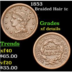 1853 Braided Hair Large Cent 1c Grades xf details
