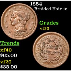 1854 Braided Hair Large Cent 1c Grades vf++