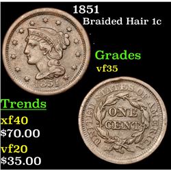 1851 Braided Hair Large Cent 1c Grades vf++