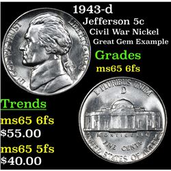 1943-d Jefferson Nickel 5c Grades GEM 6fs