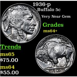 1936-p Buffalo Nickel 5c Grades Choice+ Unc