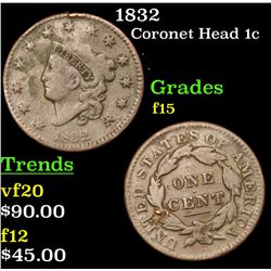 1832 Coronet Head Large Cent 1c Grades f+
