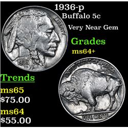 1936-p Buffalo Nickel 5c Grades Choice+ Unc