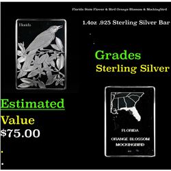 Florida State Flower & Bird Orange Blossom & Mockingbird 1.4oz .925 Sterling Silver Bar Grades