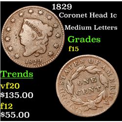 1829 Coronet Head Large Cent 1c Grades f+