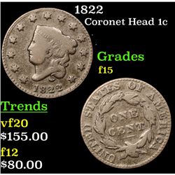 1822 Coronet Head Large Cent 1c Grades f+