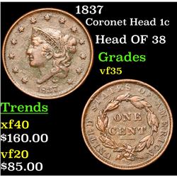 1837 Coronet Head Large Cent 1c Grades vf++