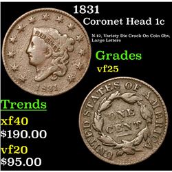 1831 Coronet Head Large Cent 1c Grades vf+