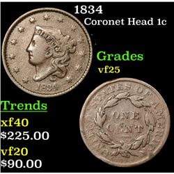 1834 Coronet Head Large Cent 1c Grades vf+