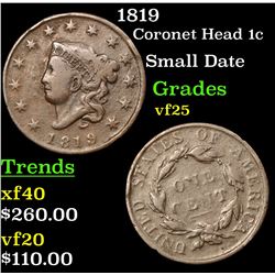 1819 Coronet Head Large Cent 1c Grades vf+