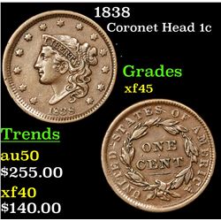 1838 Coronet Head Large Cent 1c Grades xf+