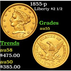 1855-p Gold Liberty Quarter Eagle $2 1/2 Grades Choice AU