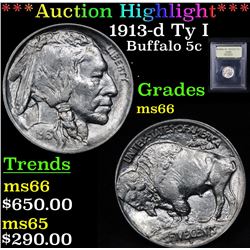 ***Auction Highlight*** 1913-d Ty I Buffalo Nickel 5c Graded GEM+ Unc By USCG (fc)