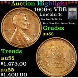 ***Auction Highlight*** 1909-s VDB Lincoln Cent 1c Graded Choice AU/BU Slider By USCG (fc)