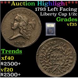 ***Auction Highlight*** 1793 Left Facing Liberty Cap 1/2c 1/2c Graded vf++ By USCG (fc)