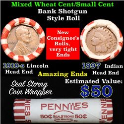 Mixed small cents 1c orig shotgun roll, 1919-s Wheat Cent, 1897 Indian Cent other end