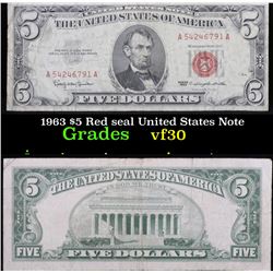 1963 $5 Red seal United States Note . . Grades vf++