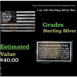 Flags of the American Revolution Fort Independence Flag 1 oz .925 Sterling Silver Bar Grades