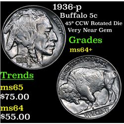 1936-p Buffalo Nickel 5c Grades Choice+ Unc