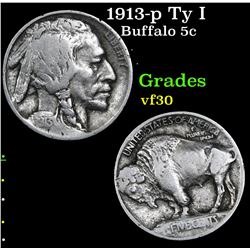 1913-p Ty I Buffalo Nickel 5c Grades vf++