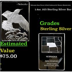 Nebraska State Flower & Bird Goldenrod & Western Meadowlark 1.4oz .925 Sterling Silver Bar Grades