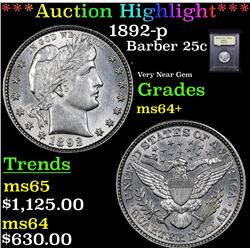 ***Auction Highlight*** 1892-p Barber Quarter 25c Graded Choice+ Unc By USCG (fc)