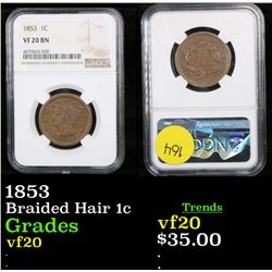 NGC 1853 Braided Hair Large Cent 1c Graded vf20 By NGC