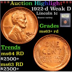 ***Auction Highlight*** 1922-d Weak D Lincoln Cent 1c Graded Select+ Unc RD By USCG (fc)