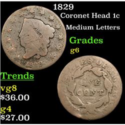 1829 Coronet Head Large Cent 1c Grades g+