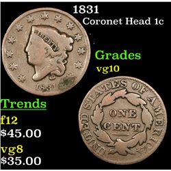 1831 Coronet Head Large Cent 1c Grades vg+