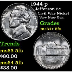 1944-p Jefferson Nickel 5c Grades Choice Unc+ 5fs