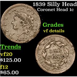 1839 Silly Head Coronet Head Large Cent 1c Grades vf details