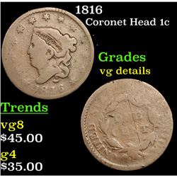 1816 Coronet Head Large Cent 1c Grades vg details