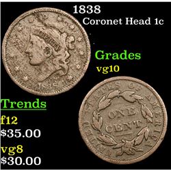 1838 Coronet Head Large Cent 1c Grades vg+