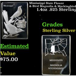 Mississippi State Flower & Bird Magnolia & Mockingbird 1.4oz .925 Sterling Silver Bar Grades