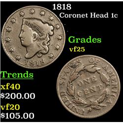 1818 Coronet Head Large Cent 1c Grades vf+