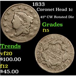 1833 Coronet Head Large Cent 1c Grades f+