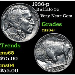 1936-p Buffalo Nickel 5c Grades Choice+ Unc
