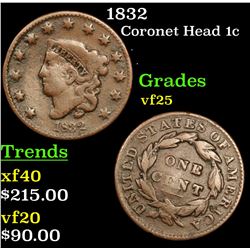 1832 Coronet Head Large Cent 1c Grades vf+