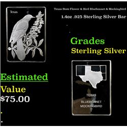 Texas State Flower & Bird Bluebonnet & Mockingbird 1.4oz .925 Sterling Silver Bar Grades